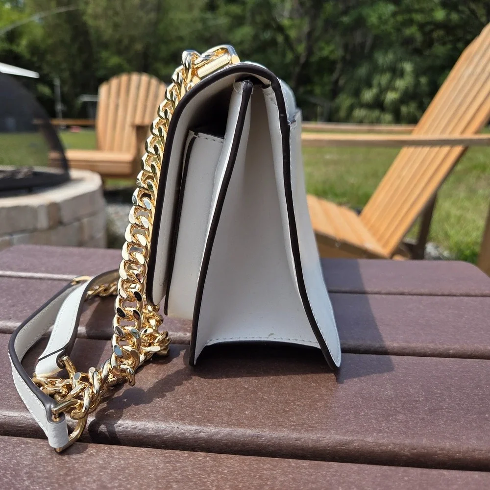 Michael Kors White Heather Logo Crossbody Bag Gold Chunky Chain Hardware - Picture 7 of 16